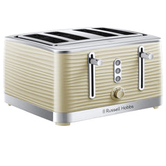 Cream-colored toaster with metallic accents on a white background