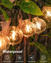 Decorative outdoor lights with waterproof feature label in a rain scene