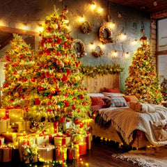 Decorated Christmas tree with lights and presents in a cozy room.