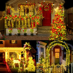 Decorated house exterior with Christmas lights, wreaths, and festive decorations.