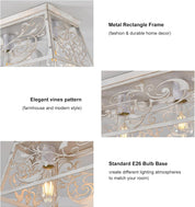 Decorative ceiling light fixture with metal frame and vine pattern, featuring text on frame design, bulb base, and style.