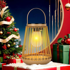 Decorative lantern with Christmas tree and presents in the background