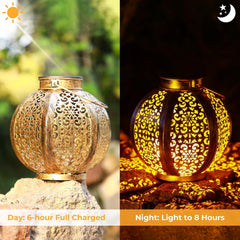 Decorative lantern with cut-out patterns, shown during the day and night with text indicating charging times.