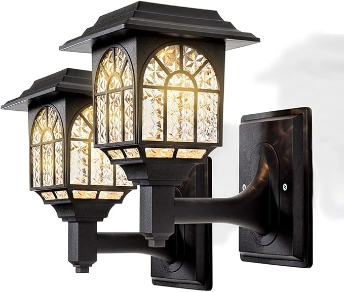 Decorative outdoor wall light fixture with intricate glass design on a white background