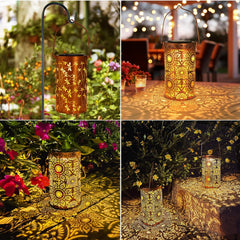 Decorative solar lanterns in various settings with flowers and outdoor lighting.