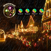 Decorative string lights on a festive scene with weather resistance icons displayed.