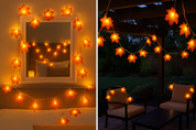 Decorative string lights shaped like flowers in a bedroom and outdoor setting.