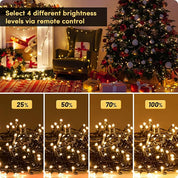 Decorative string lights with brightness level indicators in a festive setting.