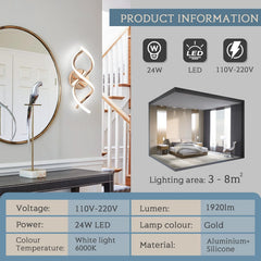 Decorative wall light fixture with product information panel in a home interior setting.