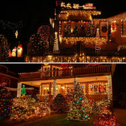 Decorative Christmas lights on a house exterior with trees and figures.