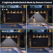 Demonstration of outdoor lighting modes with remote control, showing sensor mode and always on mode.