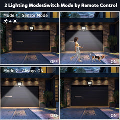 Demonstration of outdoor lighting modes with remote control, showing sensor mode and always on mode.