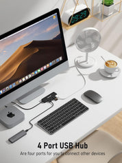 Desk setup with a computer monitor, keyboard, mouse, and 4-port USB hub.