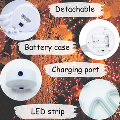 Detachable battery case, charging port, and LED strip of a fire alarm on a decorative background.
