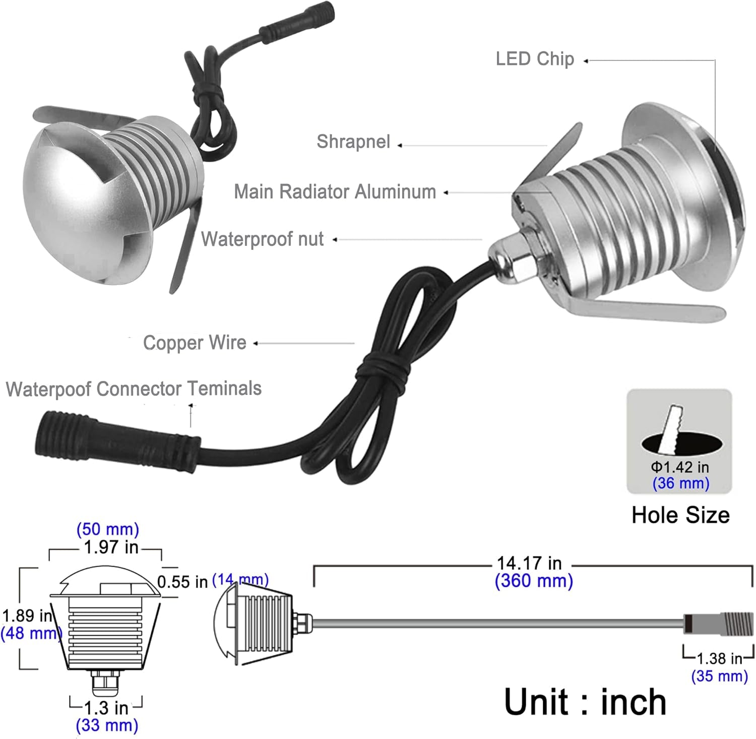Diagram of a LED light bulb with labeled parts and measurements.