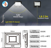Diagram of a light fixture with pir sensor, showing detection range and installation height on a dark background.