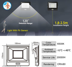 Diagram of a light fixture with pir sensor, showing detection range and installation height on a dark background.