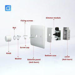 Diagram of a light switch assembly with labeled parts on a white background