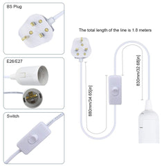 Diagram of a white light fixture with plug, socket, and switch components on a white background.
