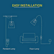 Diagram of pendant and floor lamps with 'Easy Installation' text on a blue background