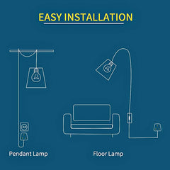 Diagram of pendant and floor lamps with 'Easy Installation' text on a blue background