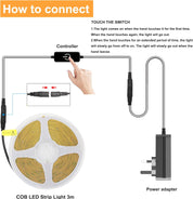 Diagram showing how to connect COB LED strip light with controller and power adapter.
