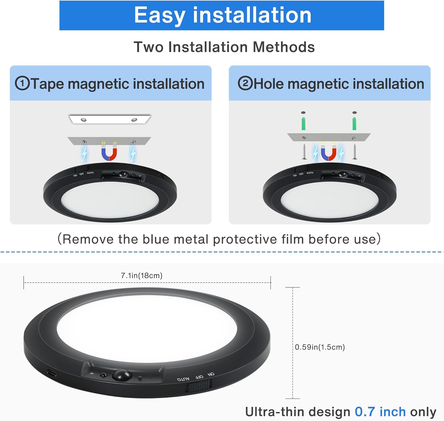 Diagram showing two installation methods for a magnetic ring with dimensions and text about easy installation.