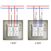 Diagram showing wiring connections for 1-way and 2-way switches with labeled wires.