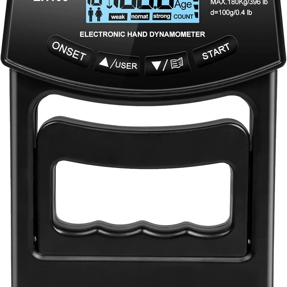 Digital hand dynamometer with digital display on a white background