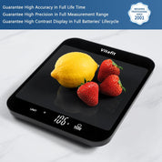Digital kitchen scale with fruits on a white background, featuring Vitafit branding.