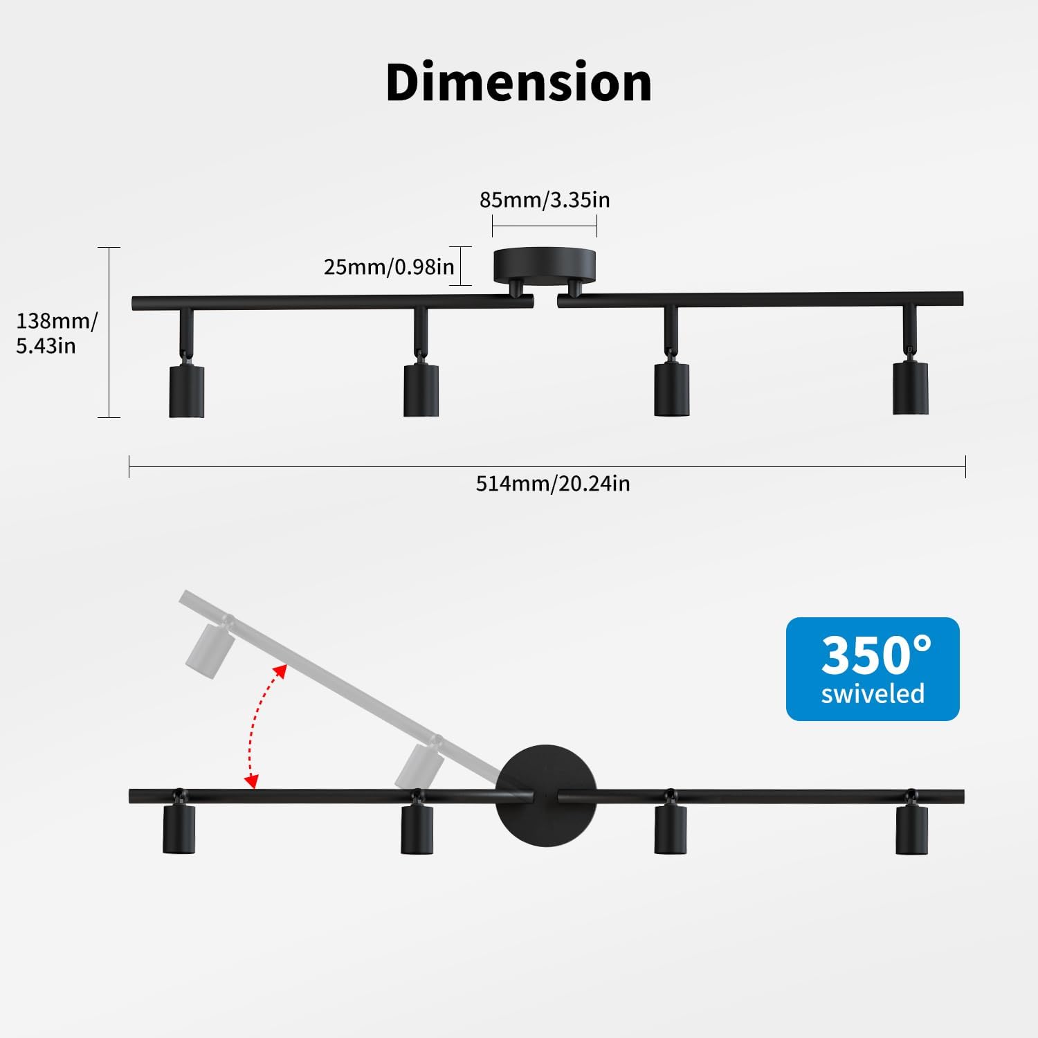 Dimensions and swivel feature of a black ceiling light fixture on a white background