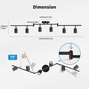 Dimensions and swivel feature of a black ceiling light fixture on a white background