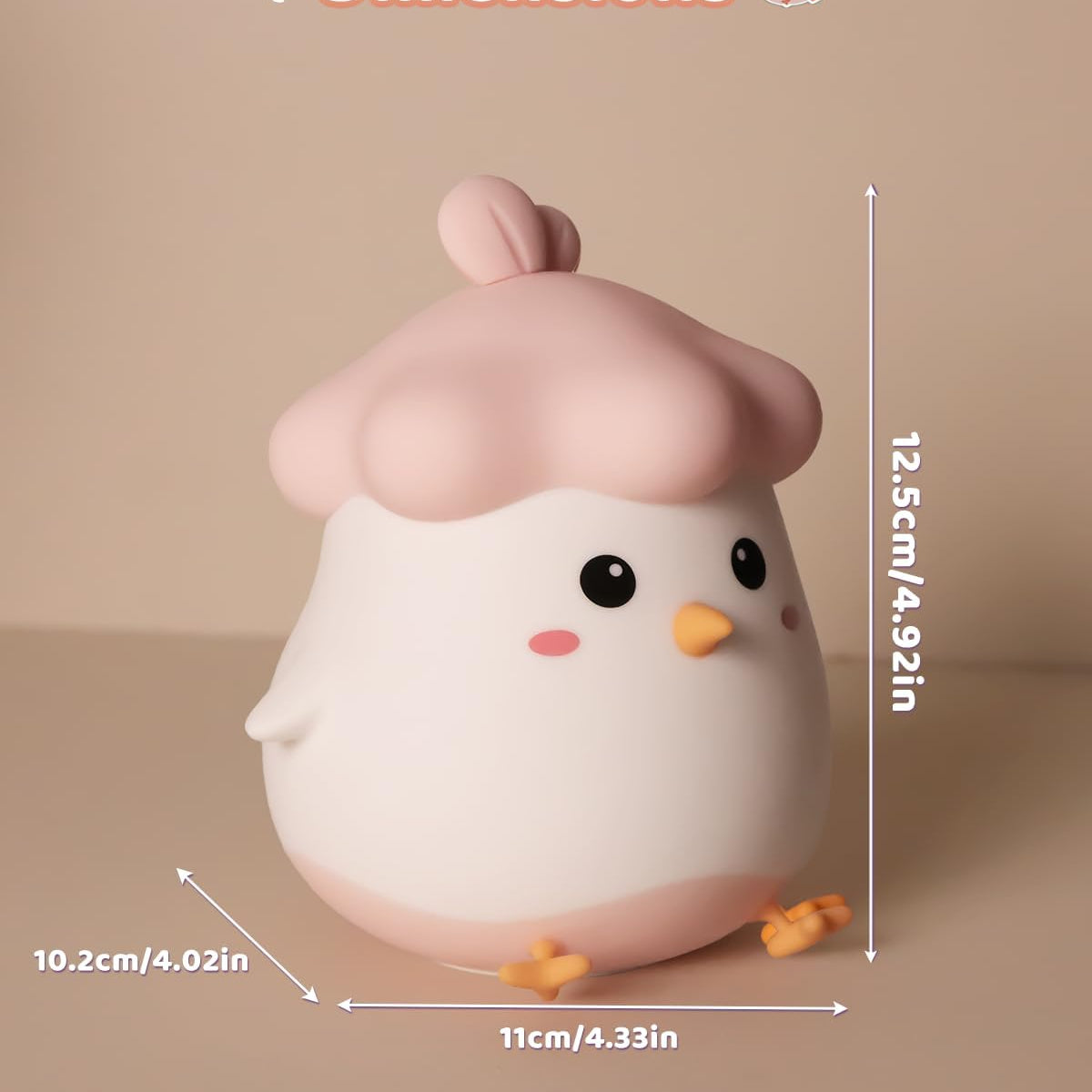 Dimensions of a small pink and white bird-like figurine on a beige background