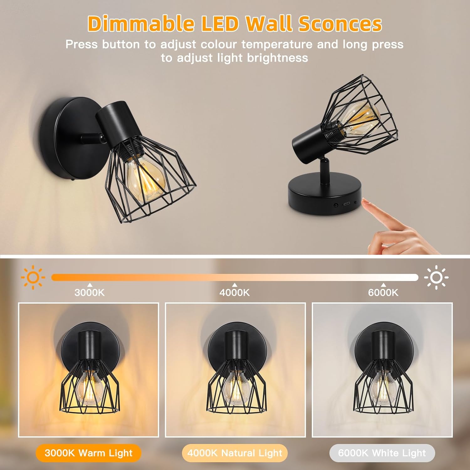 Dimmable LED wall sconces with adjustable color temperature and light brightness on a neutral background.