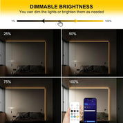 Dimmable brightness feature demonstration with a sliding bar and room lighting examples.