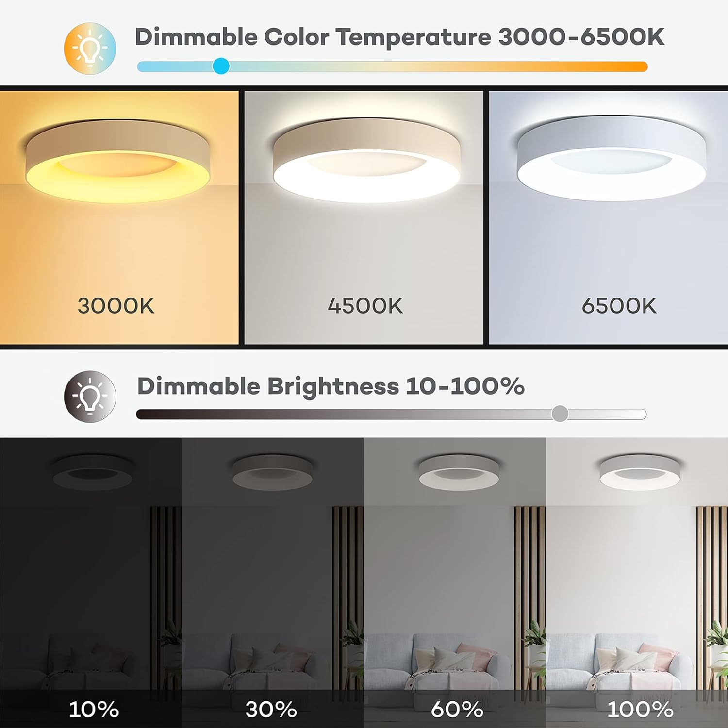 Dimmable color temperature and brightness control options for a ceiling light fixture.