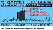 Display showing cell phone text message signal detected with technical readings.