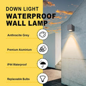 Downlight waterproof wall lamp with features listed on a yellow background