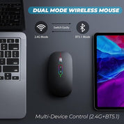 Dual mode wireless mouse with laptop and tablet on a dark surface