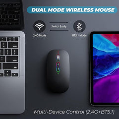 Dual mode wireless mouse with laptop and tablet on a dark surface