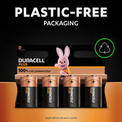 Duracell Plus batteries with a cartoon rabbit character and 'plastic-free packaging' text on a black background.