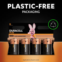 Duracell Plus batteries with a cartoon rabbit character and 'plastic-free packaging' text on a black background.