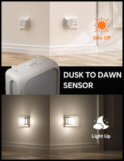 Dusk to Dawn sensor with light switch and wall-mounted sensor, showing 'Stay Off' and 'Light Up' states.