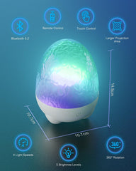 Egg-shaped LED lamp with Bluetooth 5.2, remote control, touch control, larger projection area, dimensions, light speeds, and brightness levels on a blue background.