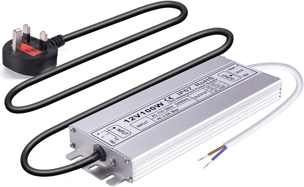 Electrical power supply unit with cables and plug on a white background