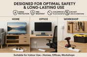 Electrical safety features highlighted in a home, office, and workshop setting with various devices and tools.
