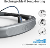 Electronic device with charging cable, labeled as rechargeable and long-lasting with 1000 mAh battery.