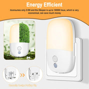 Energy-efficient night light with a green plant and text on an orange background