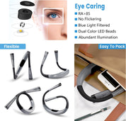 Eye care device with features listed on a white background