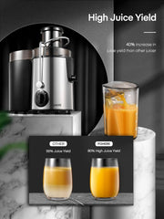 FOHERE juicer with a glass of orange juice on a marble surface, highlighting high juice yield.